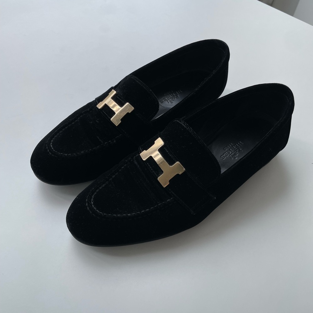 Hermes Paris Black Velvet Loafers with Gold Buckle